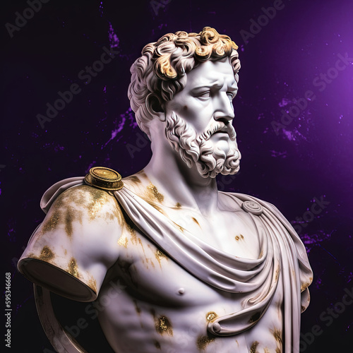 Une sculpture en marbre, statue d'une personne stoïcienne grecque ou romaine, représentant le stoïcisme. Avec des lignes dorées et noires, kintsugi, fond violet