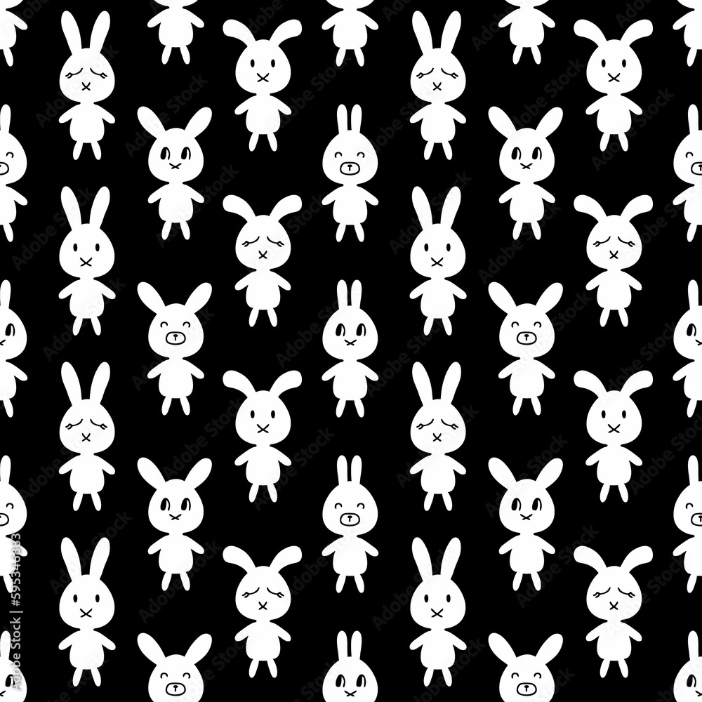 Fototapeta premium Hand drawn seamless pattern with white bunnies. Perfect retro print for tee, textile and fabric. Simple illustration for decor and design.