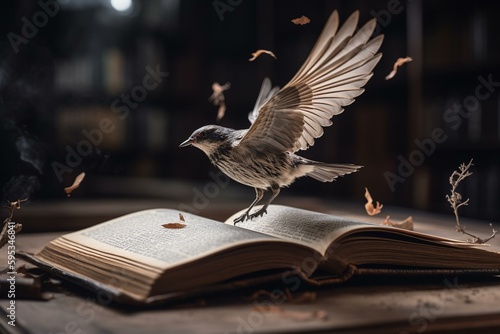 Bird in flight over book made with tech. Generative AI © Arnav