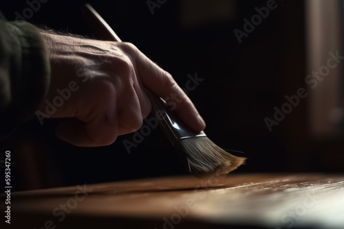 Close-up, a person hand holds a brush and applies paint or varnish to a wooden surface. Applying lacquer paint on wooden board or table in workshop. Generative AI photo