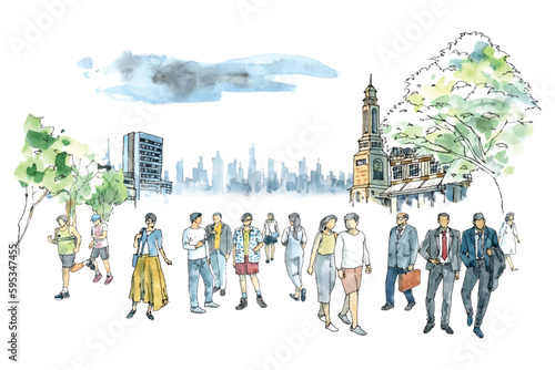 watercolor sketch of people in the city 2