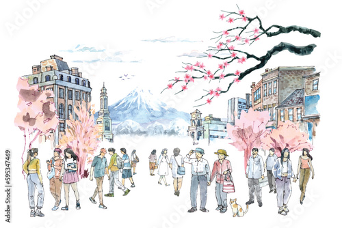 Watercolor sketch of people in the city, mountain view 