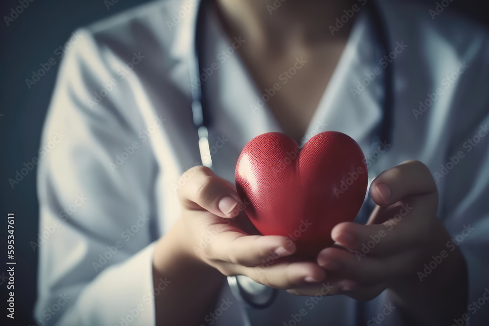 Doctor Hand Holding Red Heart With Stethoscope. Generative AI Doctor Hand Holding Red Heart With Stethoscope. Generative AI