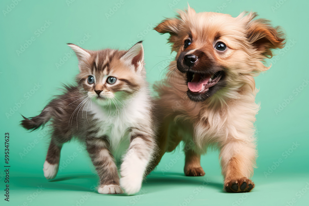 On Mint Green Background, Playful Puppy Chases Fluffy Kitten. Generative AI