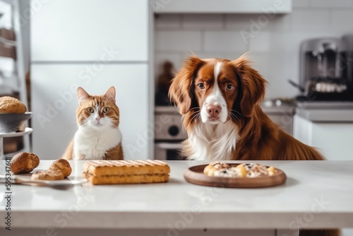 Dog And Cat Look At The Delicious Food On The Table In Modern White Kitchen. Generative AI photo