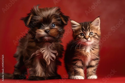 On Maroon Background, Longhaired Kitten And Shorthaired Puppy Wander. Generative AI © Anastasiia