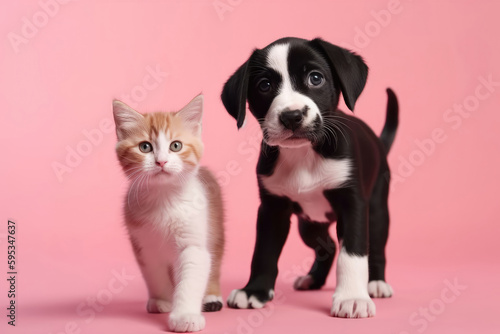 On Pink Background, Black And White Kitten Walks Beside Beige Puppy. Generative AI