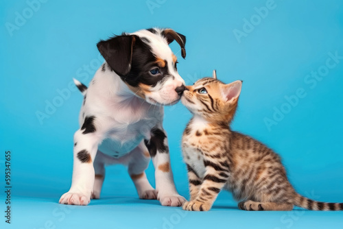 On Sky Blue Background, Calico Kitten And Spotted Puppy Frolic. Kissing Nose To Nose. Generative AI