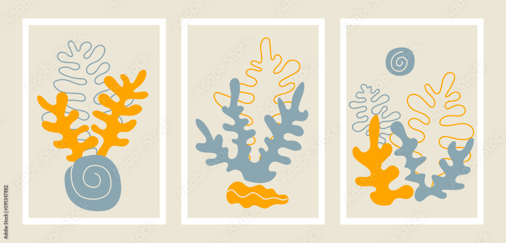 Corals and seashells, abstract posters in minimalist style. Organic shapes hand drawn. Modern vector illustration Corals and seashells, abstract posters in minimalist style. Organic shapes hand drawn. Modern vector illustration