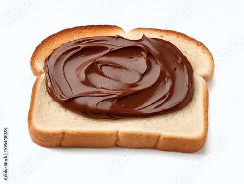 Chocolate spread on a slice of bread isolated on white background.