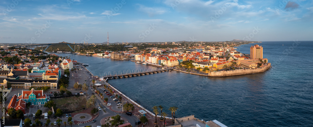 Panoramic photo from a drone of the part of colonial style buildings in the capital of Curacao .Willemstad