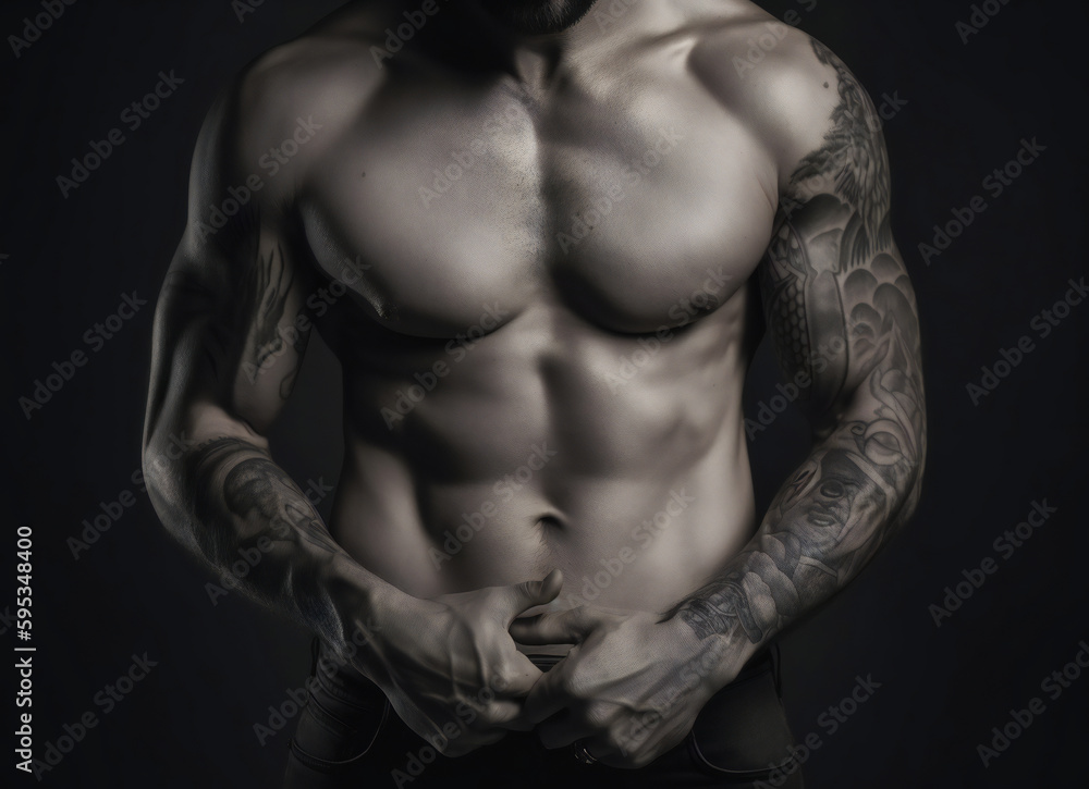 The Torso of Attractive Male Body Builder with tattoos On Black Background The Torso of Attractive Male Body Builder with tattoos On Black Background