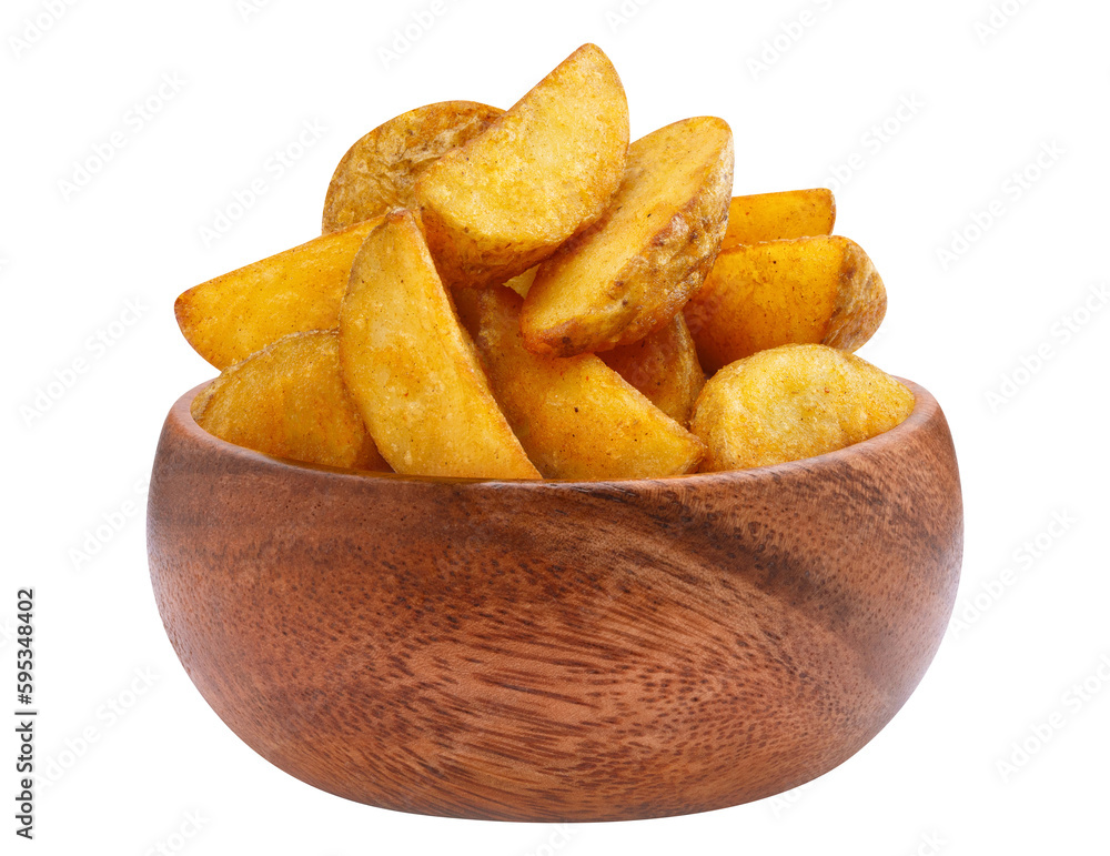 Delicious fried potato wedges in a wooden bowl, cut out Delicious fried potato wedges in a wooden bowl, cut out