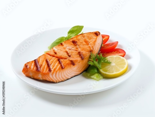 Grilled salmon fillet with lemon and basil on a white plate