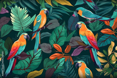 Nature and birds concept. Various exotic, tropical birds and rainforest colorful illustration background with copy space. Generative AI