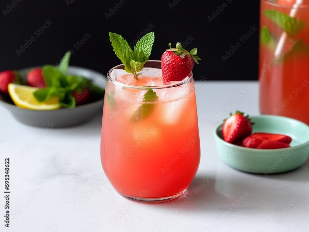 Strawberry mojito cocktail with lime and mint on white table Strawberry mojito cocktail with lime and mint on white table