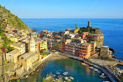 Cinque Terre village of Vernazza, Italy. View from above with colorful houses and harbor.