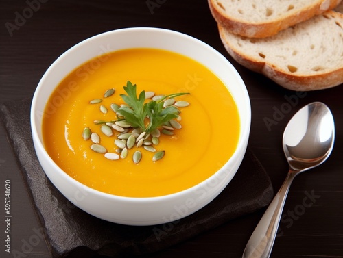 Pumpkin soup with seeds and parsley in a white bowl on a black wooden table