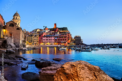Beautiful twilight view of the harbor of Vernazza, Cinque Terre, Italy