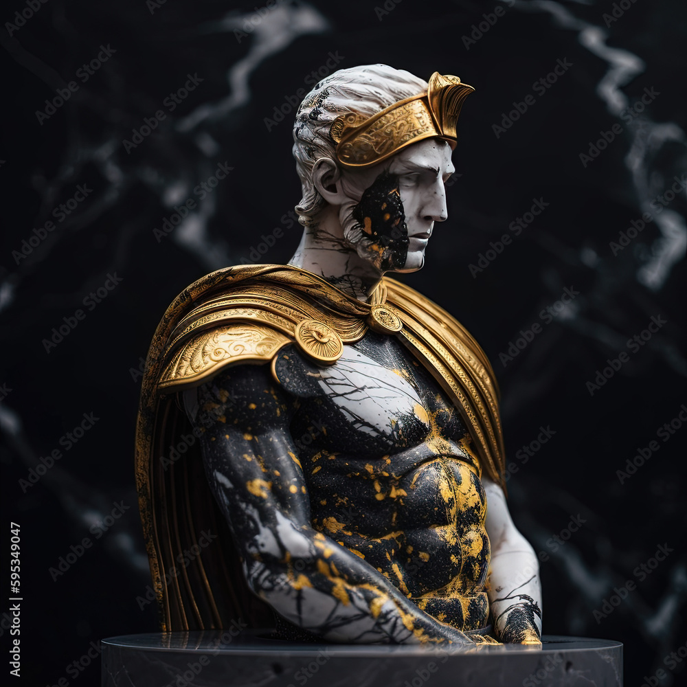 Une sculpture en marbre, statue d'une personne stoïcienne grecque ou romaine, représentant le stoïcisme. Avec des lignes dorées et noires, kintsugi - obrazy, fototapety, plakaty 