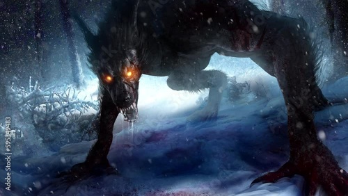 sinister werewolf, bared his bloody teeth, is on all fours, in the shadow of the winter forest with glowing eyes, he is wounded in a fight with the dead warriors around. approaching 2d animated art