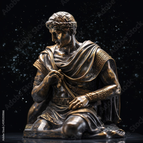 Une sculpture en marbre, statue d'une personne stoïcienne grecque ou romaine, représentant le stoïcisme. Avec des lignes dorées et noires, kintsugi.