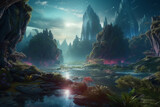 BEAUTIFUL Galactica Fantasy Waterfall Landscape with planets, rock, water, colorful, and beautiful light. IA generated