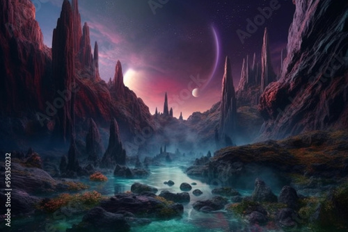 BEAUTIFUL Galactica Fantasy Waterfall Landscape with planets, rock, water, colorful, and beautiful light. IA generated