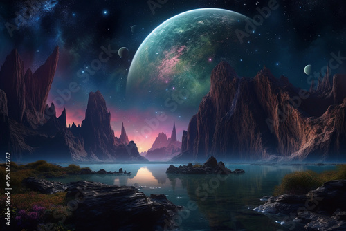 BEAUTIFUL Galactica Fantasy Waterfall Landscape with planets  rock  water  colorful  and beautiful light. IA generated