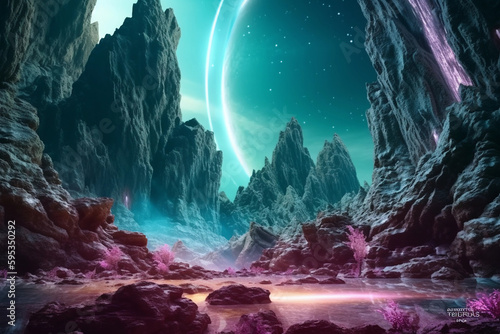 BEAUTIFUL Galactica Fantasy Waterfall Landscape with planets  rock  water  colorful  and beautiful light. IA generated