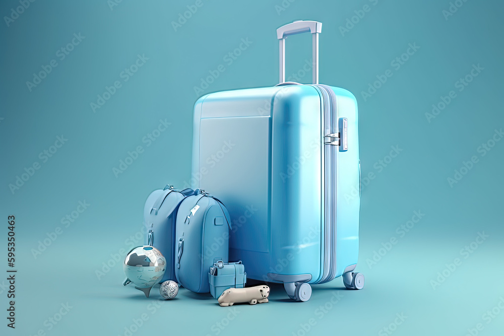 Obraz premium Valise avec accessoires de voyage sur fond bleu.
