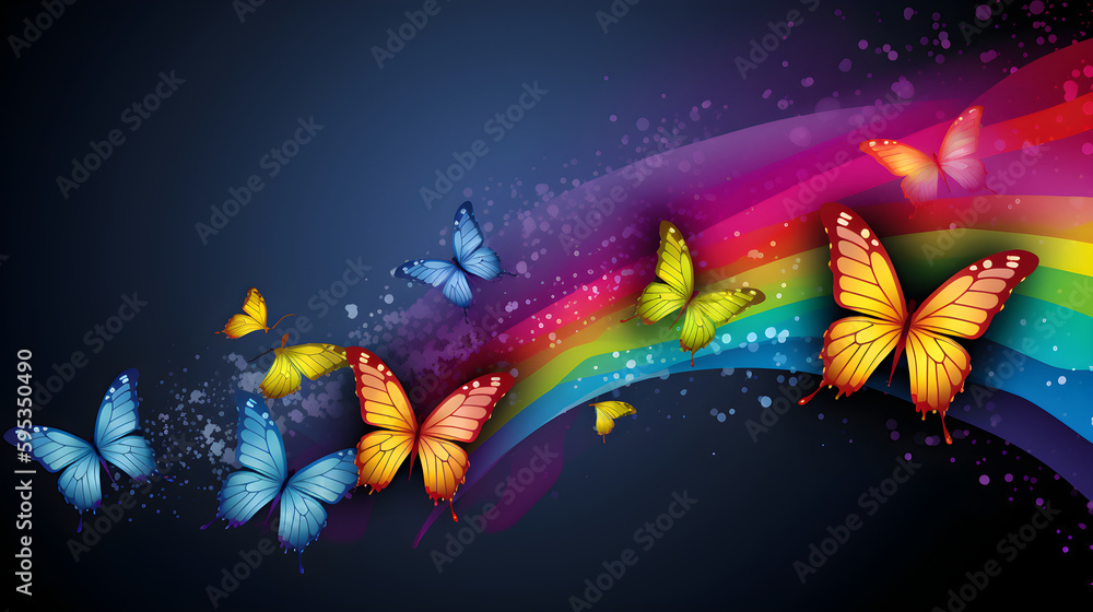Colorful rainbow butterflies banner with blue background. Butterflies in rainbow colors on black. Colorful butterfly illustration for wallpaper, post cards, advertising. Summer concept. Generative AI