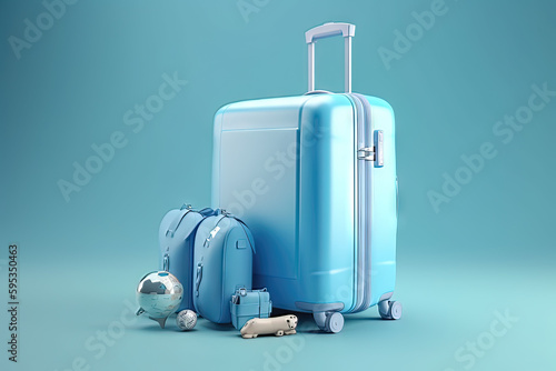 Valise avec accessoires de voyage sur fond bleu.