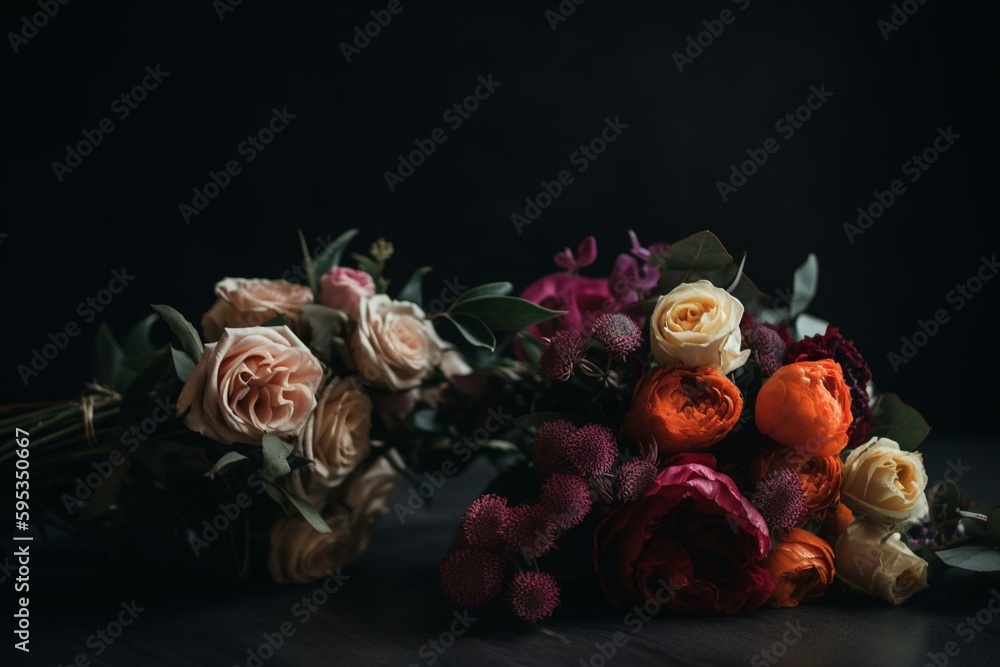 Lovely flowers arranged in two bouquets resting on a sleek grey surface. Generative AI
