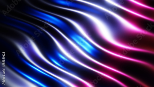 Abstract 3d wavy background, dark waves with multicolor lights, liquid metallic render illustration.