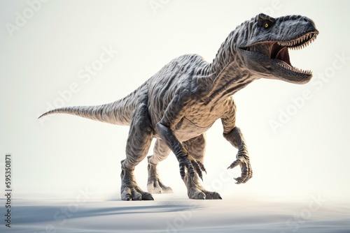 3D model of Allosaurus walking towards viewer  on white background. Generative AI