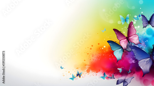 Rainbow butterflies watercolor banner  white background. Light butterfly background in rainbow colors. Colorful aquarelle illustration for wallpaper  post cards  advertising. Summer concept. AI