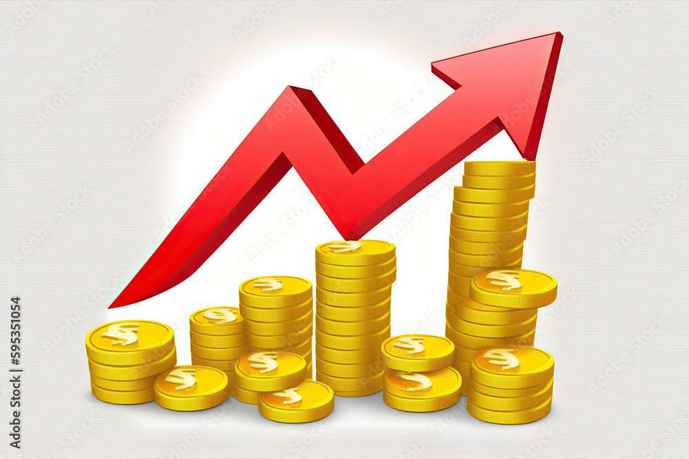 Ai generated illustration Red up arrow and coin stacks on white background. Financial success and growth concept Ai generated illustration Red up arrow and coin stacks on white background. Financial success and growth concept