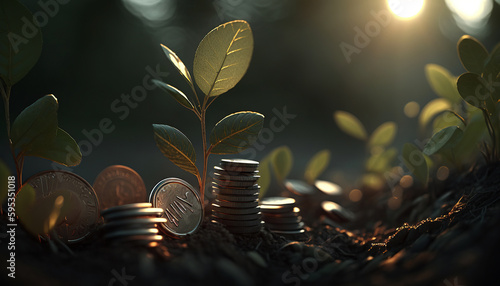 Ai generated illustration row of stacks of coins with a plant growing out of them. Business finance saving banking investment