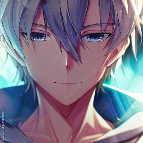 anime boy looking straight ahead with blue eyes, Generative AI