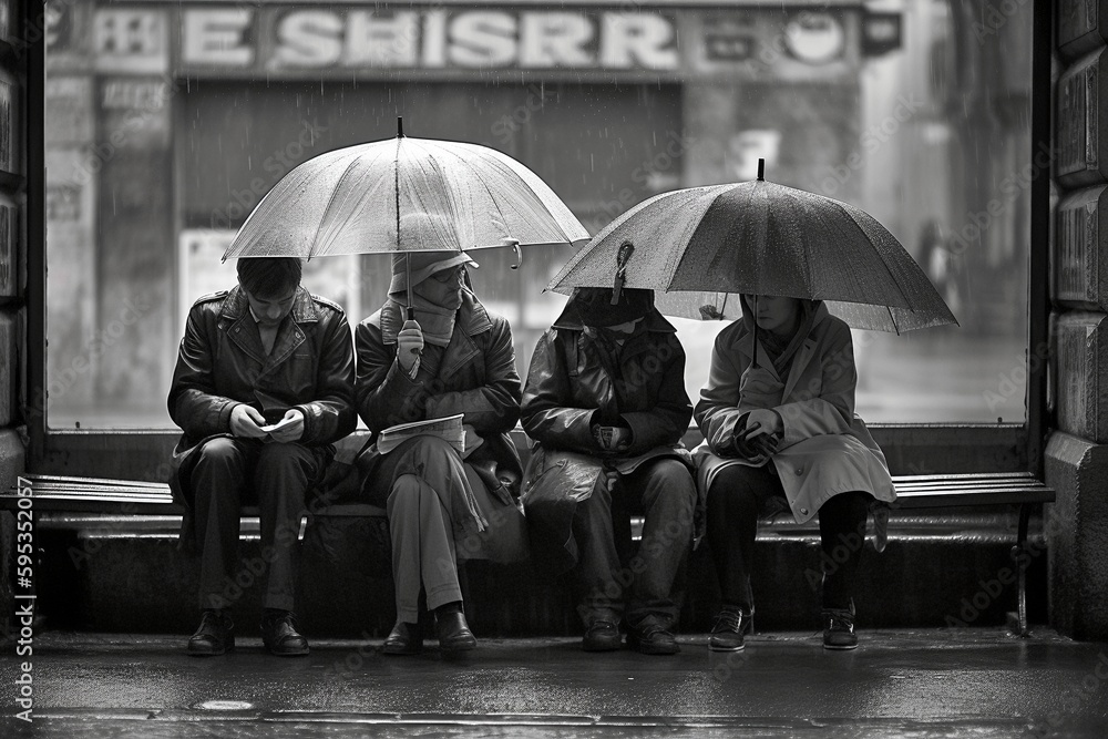 Rainy Day Gathering: Four People, Bench, Two Umbrellas, Black and White Timeless Moment, Generative AI