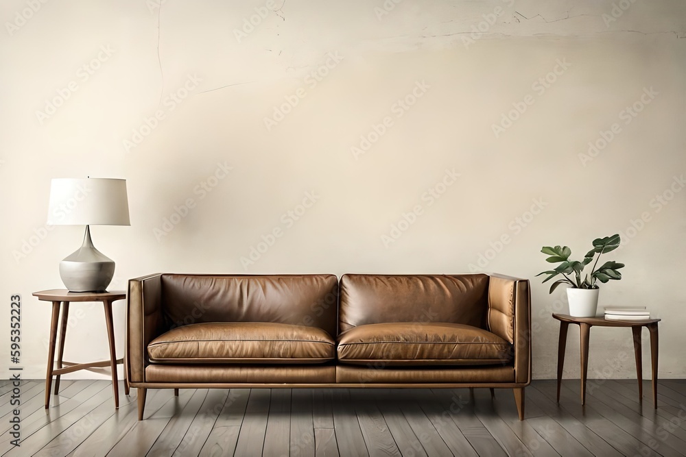 living room interior with brown sofa, generative ai living room interior with brown sofa, generative ai