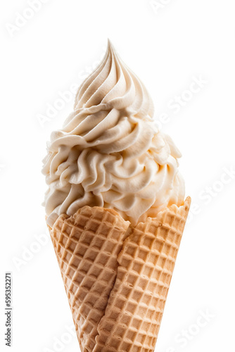 vanilla ice cream in a waffle cone on a white background