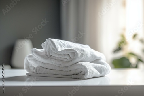 A collection of white towels on a white table with space for text against a blurred living room background. Generative AI