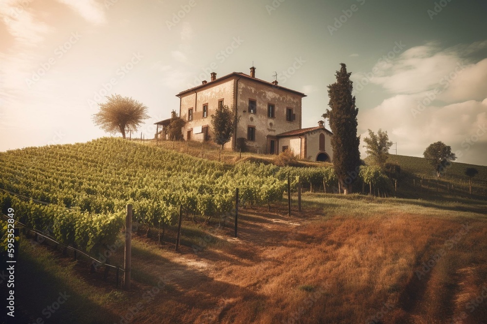 Sunny Italian rural landscape with vineyards and vintage villa. Generative AI
