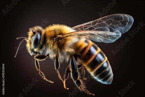Honey bee macro on a black background, Generative AI © Alina