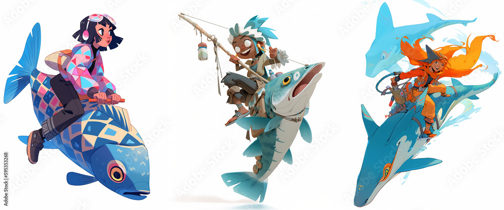 Obraz premium Various illustrations of cartoon girls with fish. Character design on white background, collection.