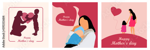 Mothers day. Set of vector illustrations. Abstract backgrounds, patterns, mother s day cards. Cover, poster, wallpaper. Minimalistic retro postcards