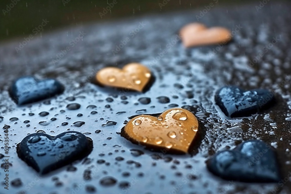 Romantic Rainy Scene: Multiple Heart-Shaped Water Puddles Forming on Floor, Season of Love, Generative AI Romantic Rainy Scene: Multiple Heart-Shaped Water Puddles Forming on Floor, Season of Love, Generative AI