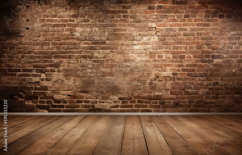 Old grunge brown horizontal brick wall background in a room with wooden floor  Generative AI